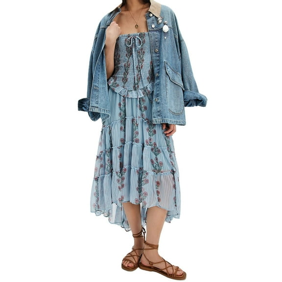 Tube Top Dress for Women Summer Solid Strapless Dresses, Off the Shoudle Ruffle Beach Dress Light Blue S