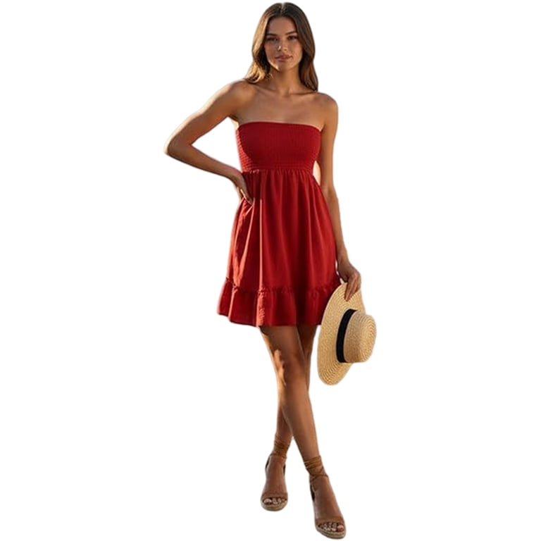 beach tube top dresses Dress for Women Summer Solid Strapless Mini Off The Shoudler Ruffle Cover Sundress blue_matching_dress