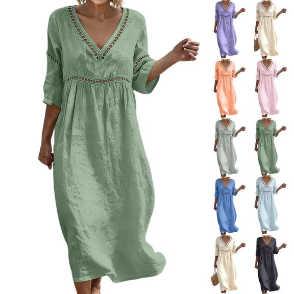 Tube Top Dresses for Women Fashion Casual V-Nek 3/4 Sleeve Solid Mid-Calf Dress A-Line Party Dress with Pockets