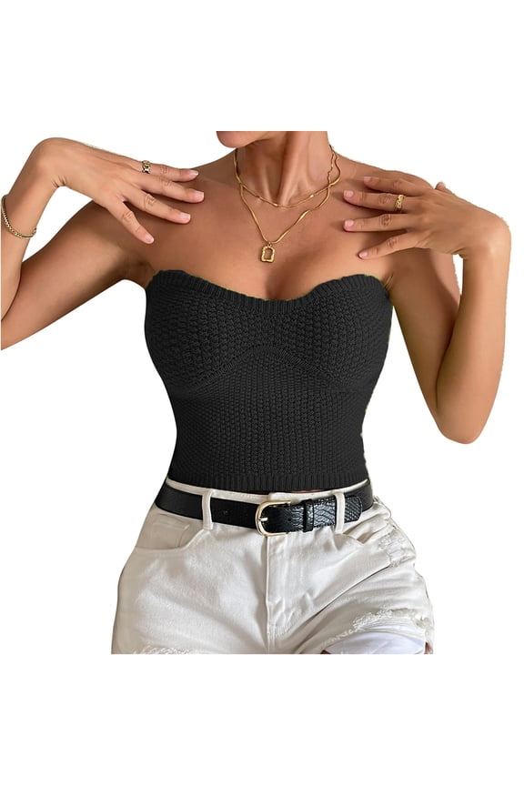Tube Top Strapless Plain Color Navel Exposed Slim Fitted Knitted Tube Top for Women Female Black M
