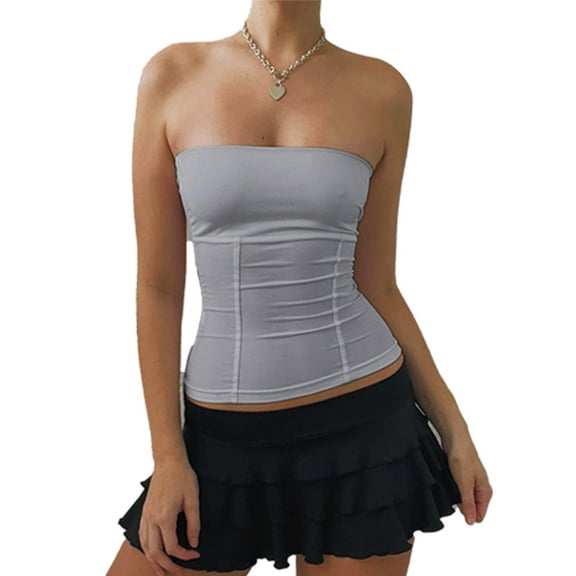 Tube Top Strapless Sleeveless Straight Neckline Casual Basic Pure Color Summer Tube Top Grey M