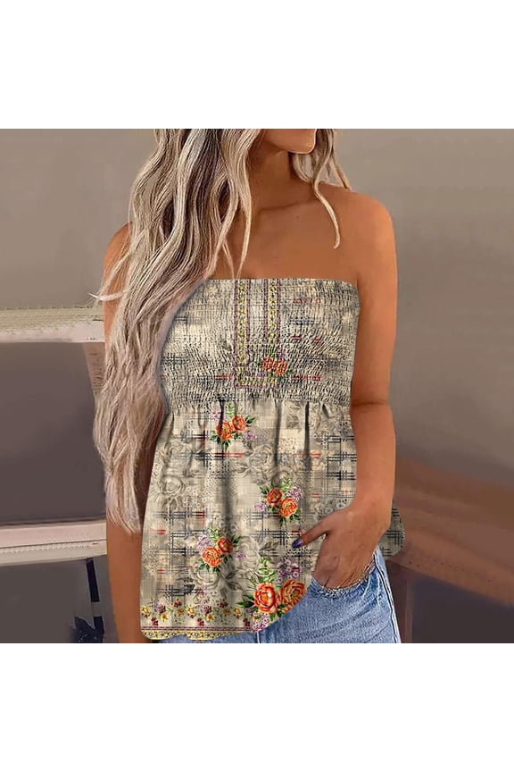 Tube Tops Women Floral Smocked Ruffled Strapless Bandeau Tank Loose Holiday Shirts Blouse (Multicolour XXL)