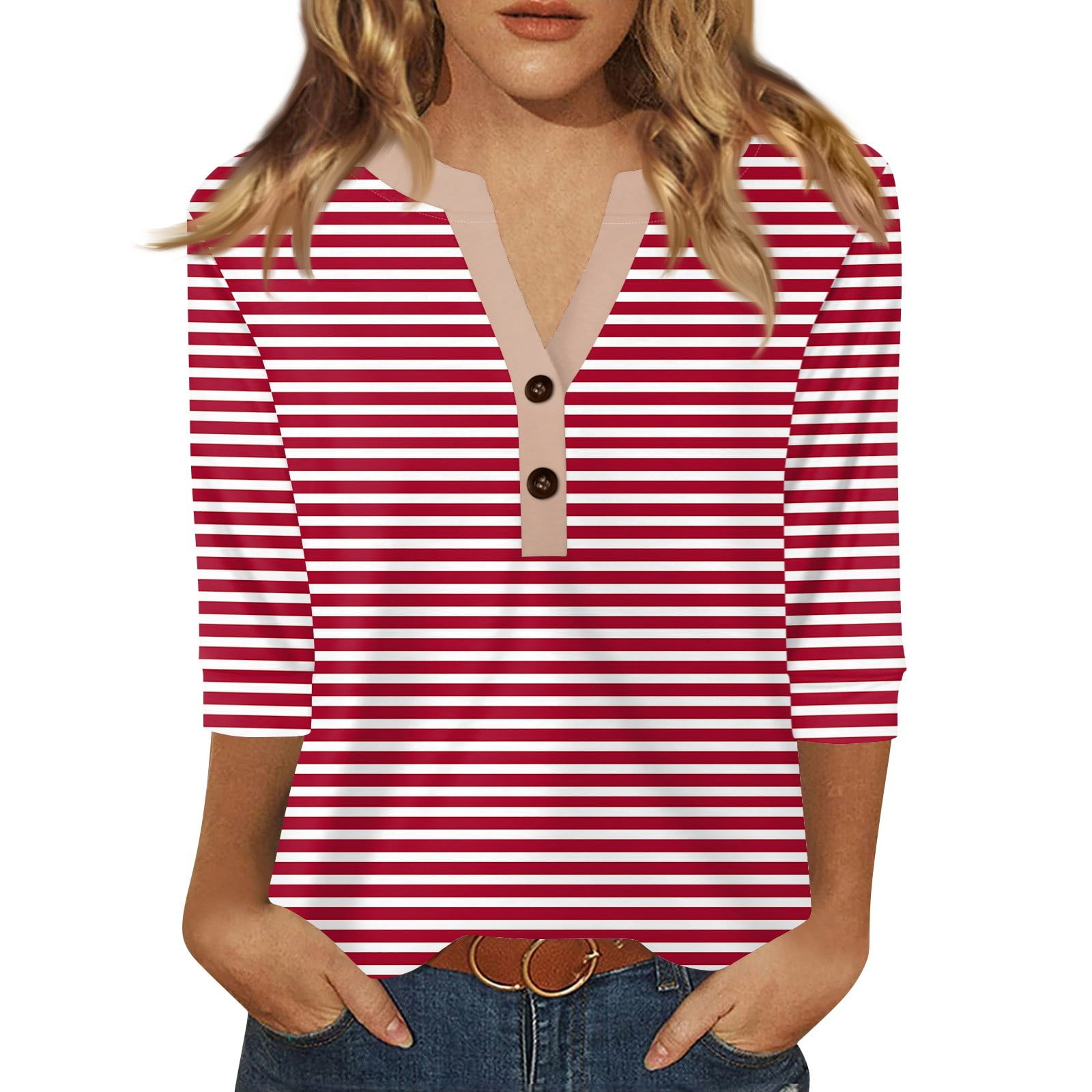 MARSVOVO Women's 3/4 Sleeve Blouse - Wrinkle-Resistant, V-Neck, Lightweight Summer Top For Office, Beach, Casual