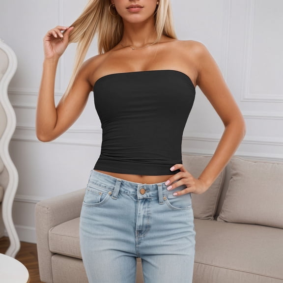 Tube Tops Women'S Tube Top Sleeveless Stretchy Camisole Removable Padding Strapless Shirt For Layering And Outerwear Black M