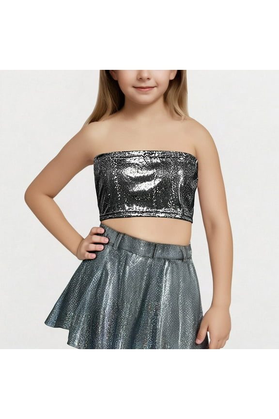 Tube-Tops for Girls Size 3-16 Sparkly Off Shoulder Cropped T-Shirts Teens Kids Trendy Solid Color Shiny Stretchy Dance Performance Tees
