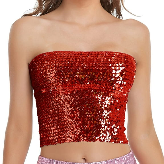 Tube Tops for Woman Fashion Mardi Holiday Womans Sparkling Sequins Stretch Party Clubwear Tube Top Tank Tops Red