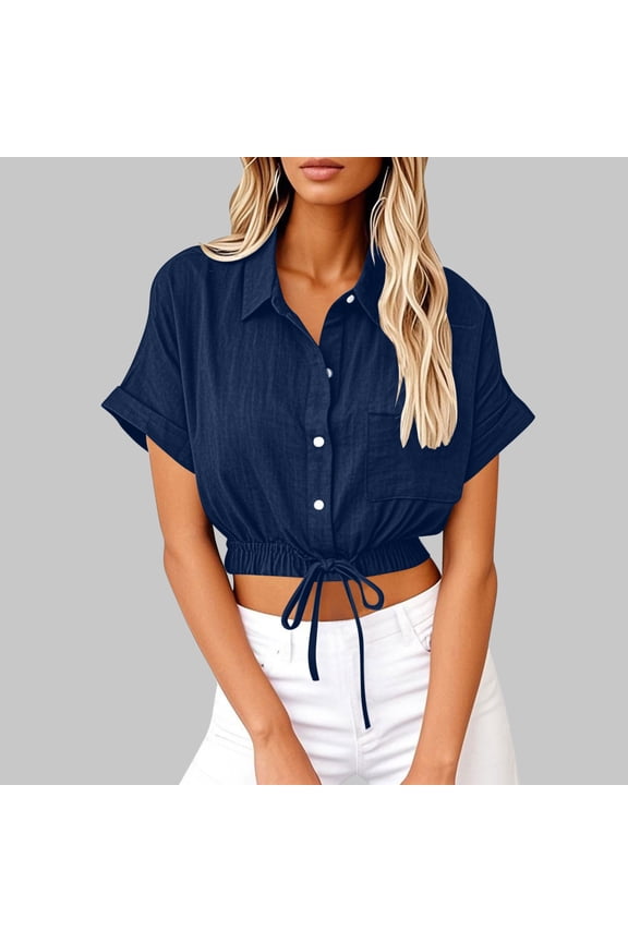 Tube Tops for Women Cropped Shirt Cotton Linen Button Front Ruched Tie Short Sleeve Blouses