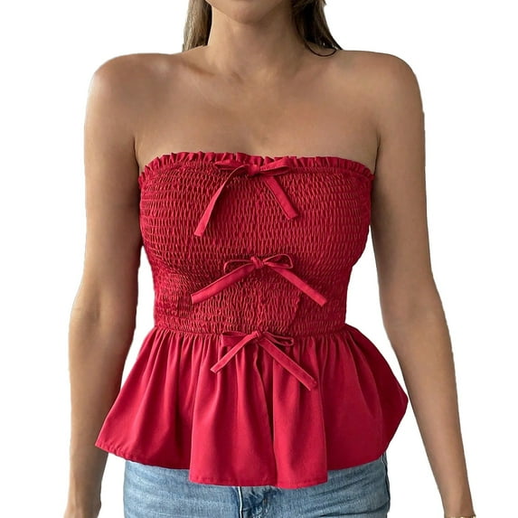 Tube Tops for Women Smocked Ruffled Camis Solid Color Sexy Bandeau Shirts Cute Bow Strapless Tank Tops Ruched Hem Blouse Off Shoulder Peplum Tanks