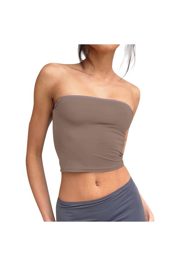 Tube Tops for Women Strapless Bandeau Sleeveless Crop Top Basic Backless Summer Going Out Tank Top Brown XS