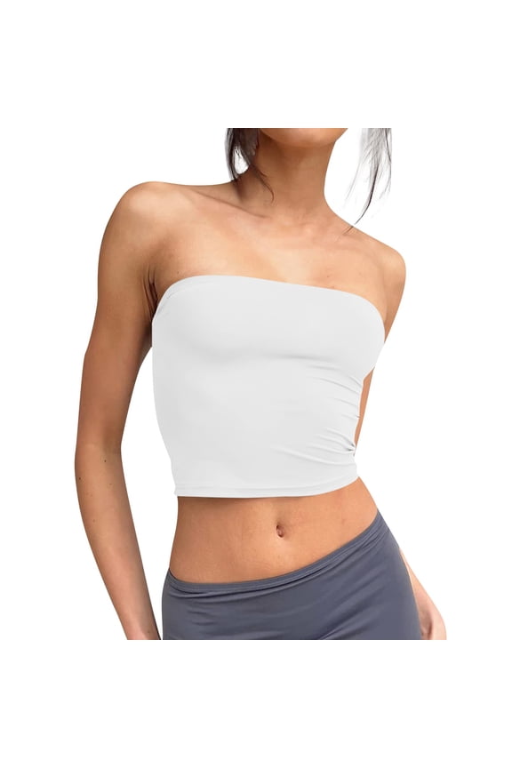Tube Tops for Women Strapless Bandeau Sleeveless Crop Top Basic Backless Summer Going Out Tank Top White M