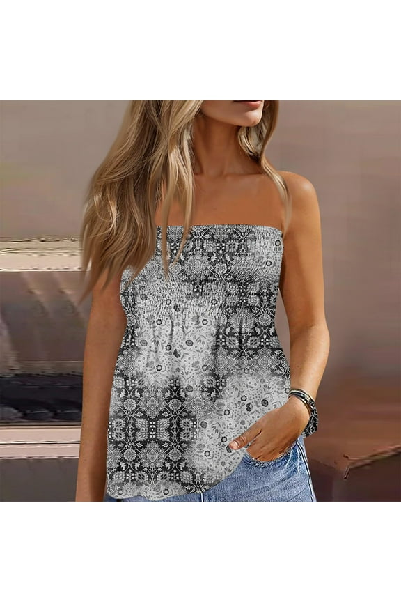 Tube Tops for Women Strapless Tops Summer Bandeau Tank Tops Gradient Tanks Smocked Ruffled Backless Sleeveless Shirts Gray XXL