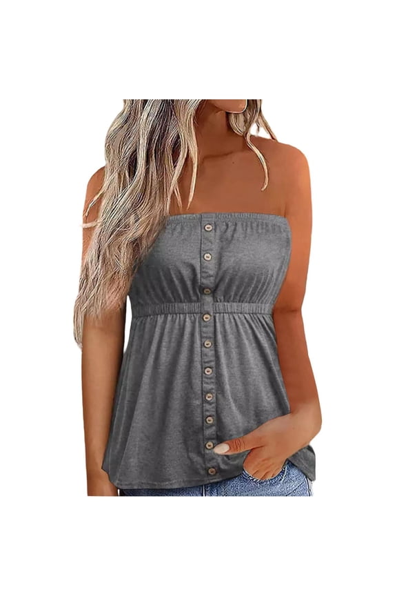 Tube Tops for Women Strapless off Shoulder Button Summer Shirts Casual Sleeveless Going out Dressy Blouses Tee Gray