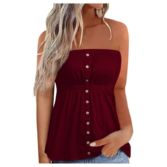 Tube Tops for Women Strapless off Shoulder Button Summer Shirts Casual Sleeveless Going out Dressy Blouses Tee Wine