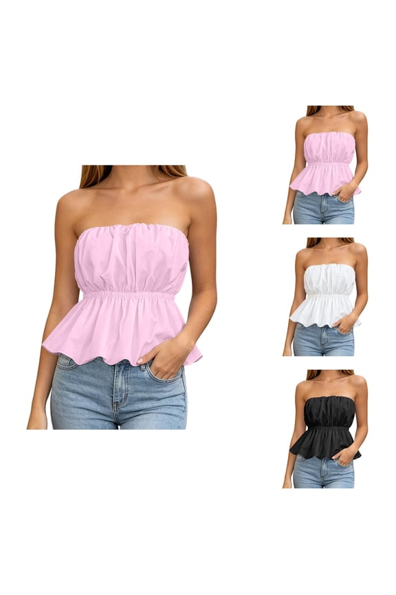 Tube Tops for Women Summer Sleeveless Strapless Peplum Tops Y2k Ruffle Flowy Bandeau Off The Shoulder Blouse
