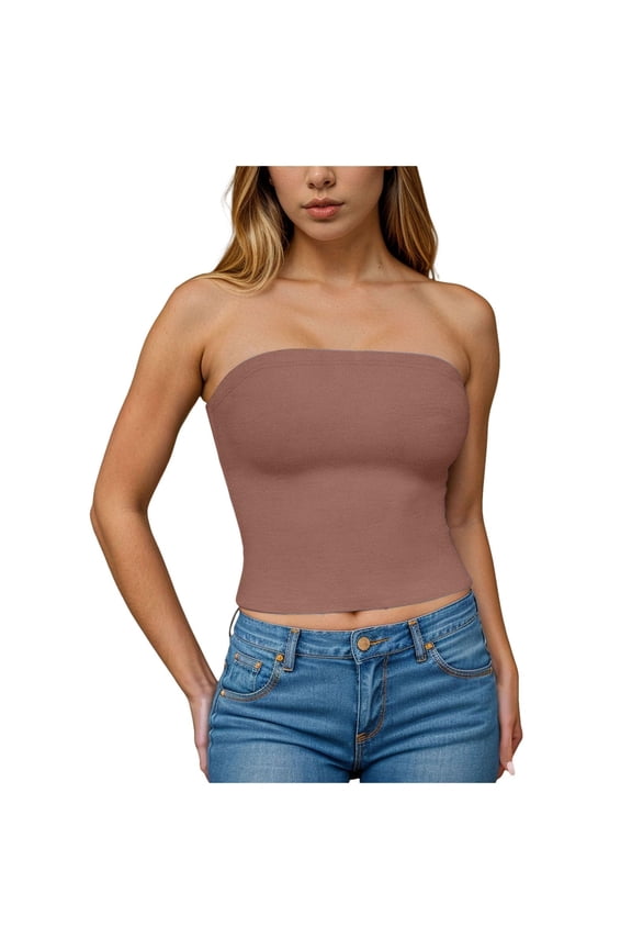 Tube Tops for Women Summer Slim Fitted Stretch Backless Going out Tops Solid Color Strapless Bandeau Tops