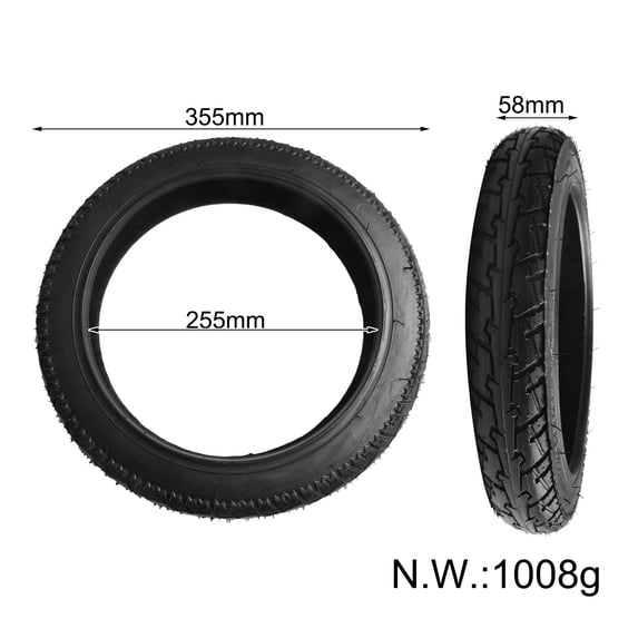 Tubeless Tire Electric Bike Tyre Parts Repair Accessories Spare For Electric Bicycle 14x2 125 57 254 355 58mm Black