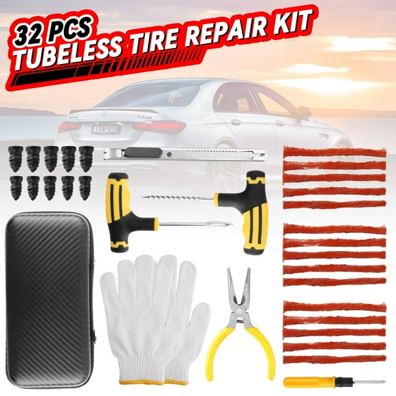 32 Pcs Tire Repair Kit,Heavy-Duty Universal Plug & Patch Kit for Tubeless Tires, with T-Handle Tool for Car, Truck, Motorcycle, RV and More