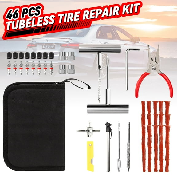 46 Pcs Tire Repair Kit,Heavy-Duty Universal Plug & Patch Kit for Tubeless Tires, with T-Handle Tool for Car, Truck, Motorcycle, RV and More