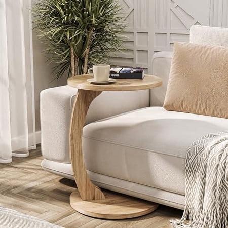Tubibu C Shape Small Side Table, Round Table as Storage Surface for Couch and Sofa with Wheels, Rolling Table, Storage Table, Round Table Top (C-Shape, Walnut Look), ?38 Zentimeter