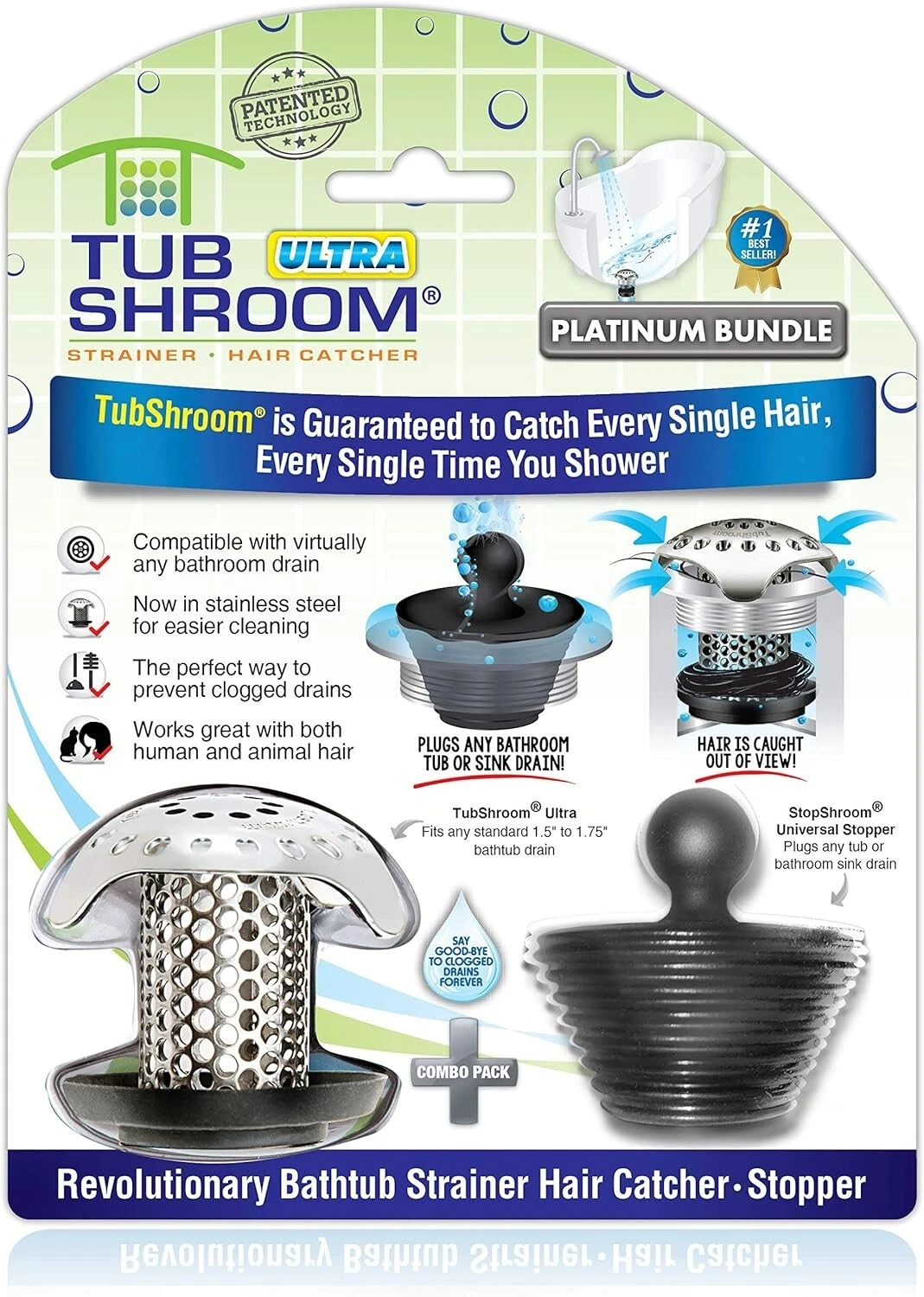 Tubshroom Ultra (Stainless) Strainer Plus Stopshroom Plug Combo For Tub Drains