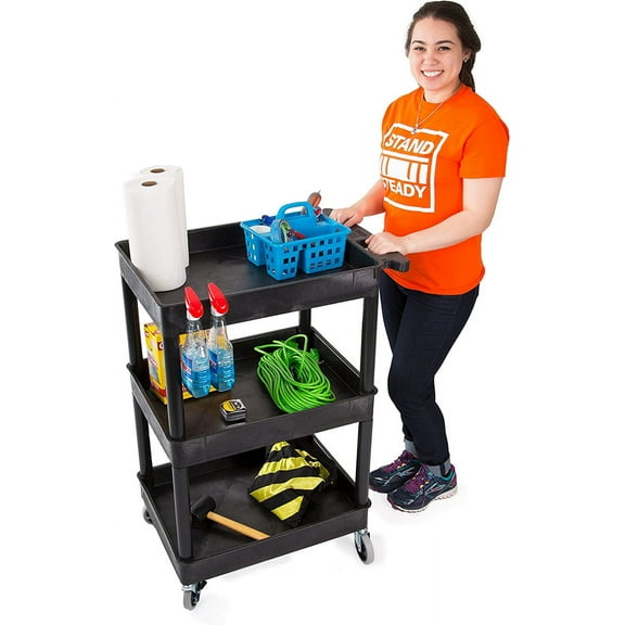 Tubstr Compact 3 Shelf Utility Cart | Heavy Duty Service Cart Supports up to 300 lbs! | Tub Cart with Deep Shelves | Great for Warehouse, Garage, Cleaning & More (3 Shelf/Black / 24 x 18)