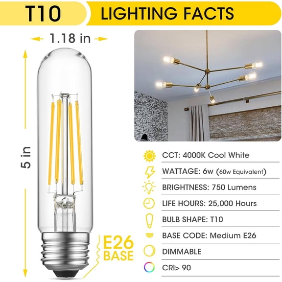 Tubular Light Bulbs, T10 LED Edison Bulbs Cool White 4000K, E26 Base, 6 Watt Dimmable Vintage LED Bulbs for Desk Lamp, Curio Cabinet, Aquarium, Chandeliers, Pendant Lights, Pack of 8