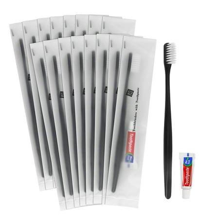 Tuciyke Disposable Toothbrush with Toothpaste Set Pack of 25,Black Individually Wrapped Manual Travel Toothbrush Kit in Bulk Toiletries for Adults,Kids,Hotel,Homeless,Nursing Home,Charity