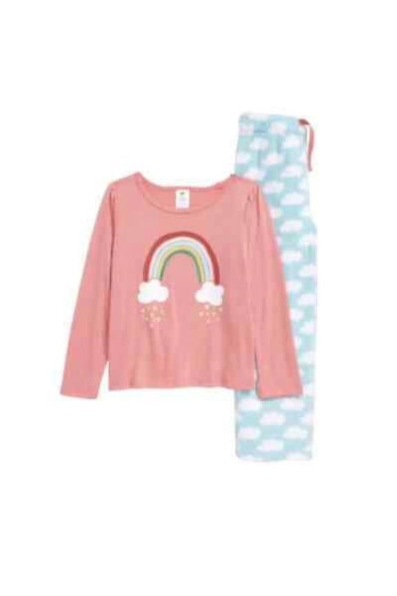 Puff Sleeve Fleece Pajamas Set Pink Confetti Rainbow Clouds Size 3