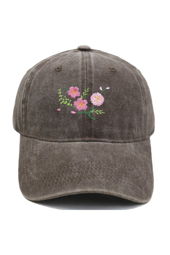 Tuckneck Floral Baseball Cap, Hand Embroidered Flower Design Women's Baseball Cap, Cute Hat for Women with Adjustable Buckle, Coffee