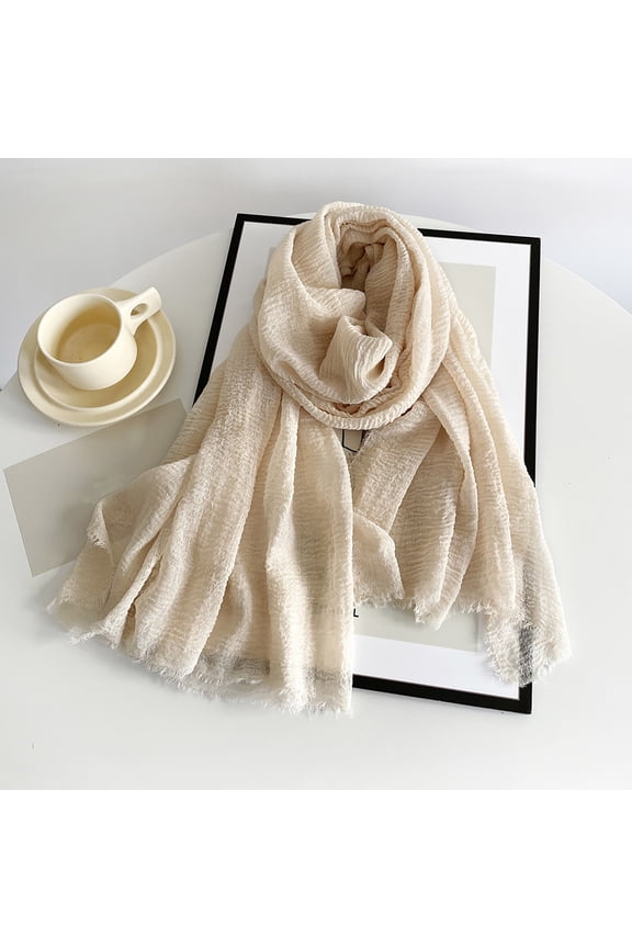 Cotton Blend Soft Scarf with Fringed Edges, Oversized 70x35 Inch Shawl Wrap for Women, Lightweight Travel Scarf and Pashmina for Airplane, Beige