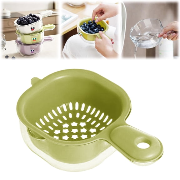 Tucknest Double Layer Fruit Colander with Handle, 7.48x4.72 Inch Berry Washing Bowl, Plastic Vegetable Strainer for Kitchen, Green