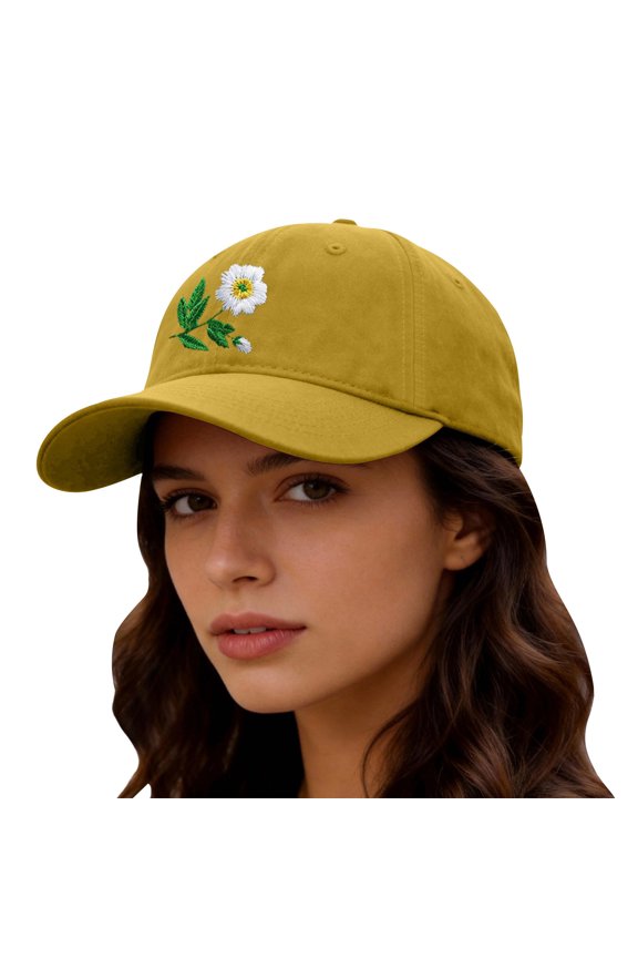 Hand Embroidered Flower Baseball Cap, Hats for Women with Adjustable Buckle, Cotton Baseball Cap for Summer Outdoor, Yellow