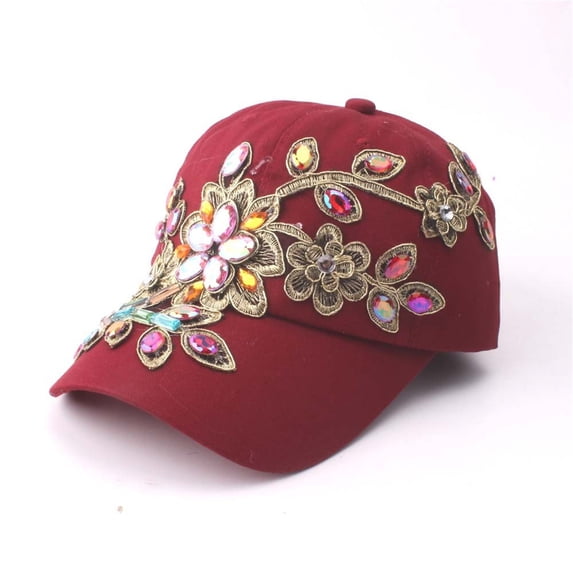 Tucknest Rhinestone Baseball Cap, Sparkly Studded Cowboy Hat with Handmade Embroidered Flowers, Fashionable Bling Bling Hat for Women, Wine