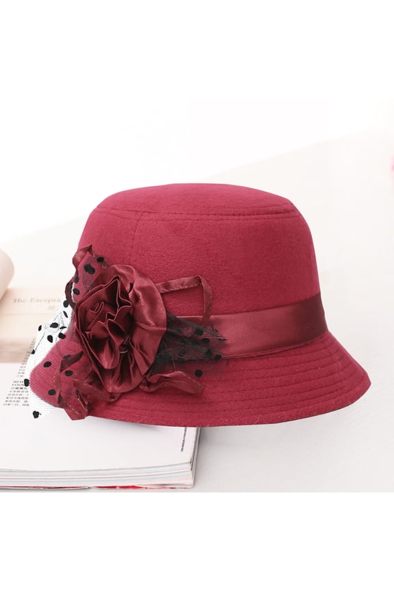 Women Cloche Hat, Vintage Woolen Bowler Hat with Flower Decor, Wide Brim Warm Church Hat for Autumn Winter, Wine