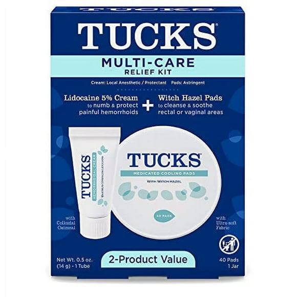 Tucks Multi-Care Relief Kit 40 Count Witch Hazel Pads & 0.5 oz. Lidocaine Cream - Protects from Irritation, Hemorrhoid Treatment Medicated Pads Used by Hospitals
