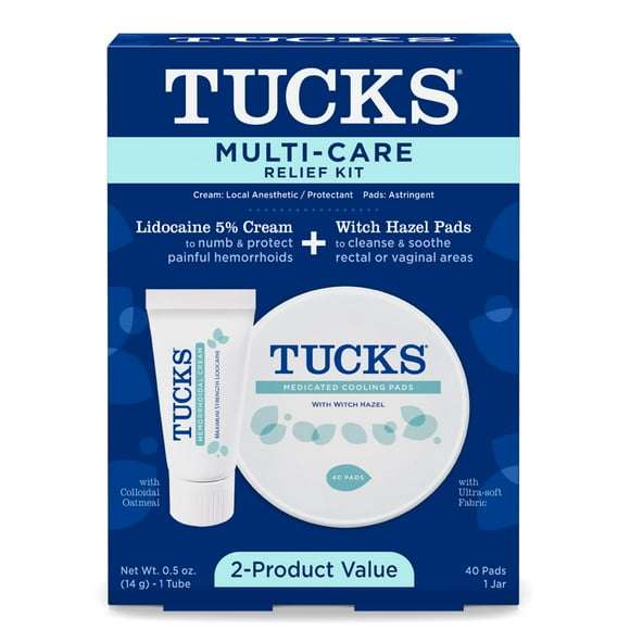 Tucks Multi-Care Relief Kit 40 Count Witch Hazel Pads & 0.5 oz. Lidocaine Cream - Protects from Irritation, Hemorrhoid Treatment Medicated Pads Used by Hospitals