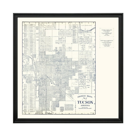 Tucson Art, 1920 Vintage Map of Tucson Arizona, AZ History Wall Decor Gift, Old Tucson Map - 24" x 24" Black Framed Print