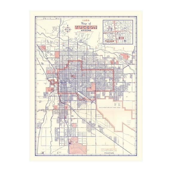 Tucson Art, 1956 Vintage Map of Tucson Arizona, AZ History Wall Decor Gift, Old Tucson Map - 18" x 24" Unframed Print
