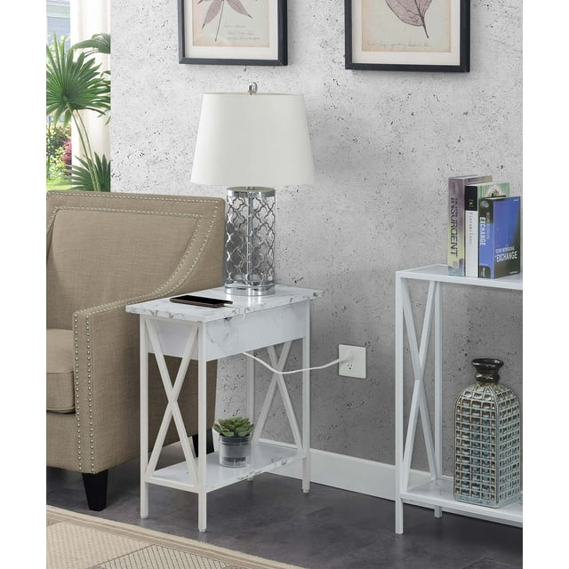 Tucson Flip Top End Table with Charging Station and Shelf in White