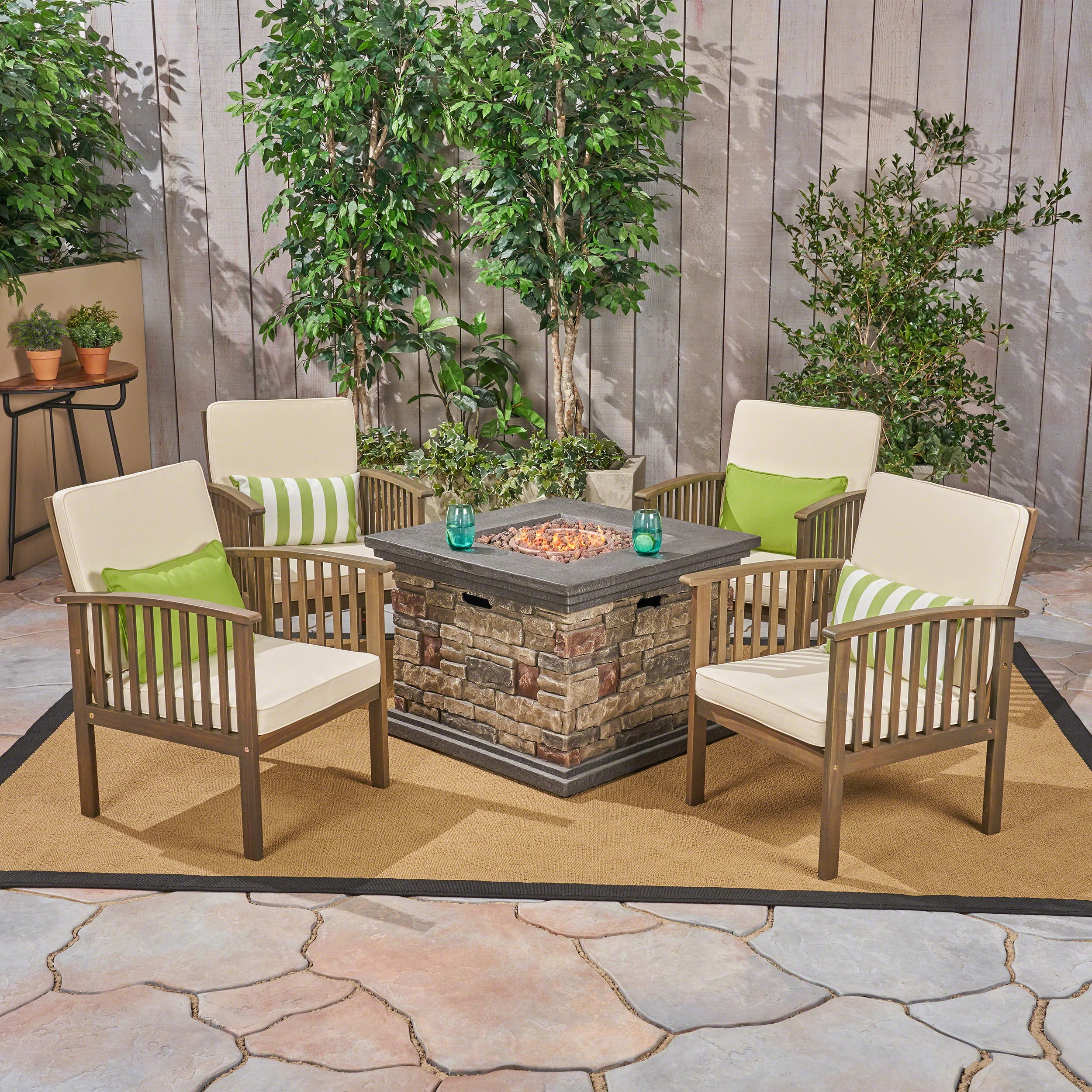 Noble House Carolina Outdoor 4 Seater Club Chairs w Fire pit Gray