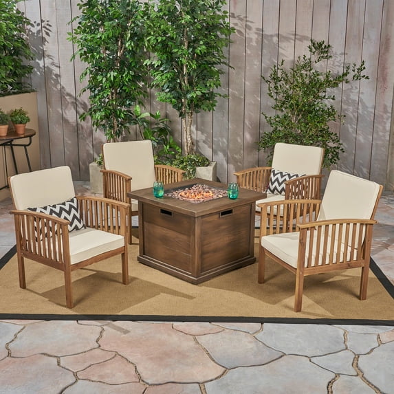 Tucson Outdoor 5 Piece Acacia Wood Chat Set with Cushions and Wood Finished Fire Pit, Brown Patina, Cream, Brown