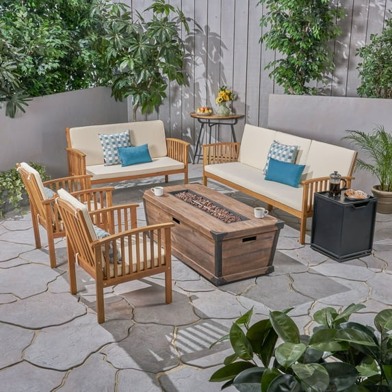 Tucson Outdoor 6 Piece Acacia Wood Conversational Set with Cushions and Fire Pit, Teak, Cream, Brown