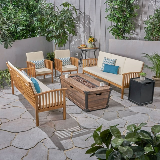 Tucson Outdoor 6 Piece Acacia Wood Conversational Sofa Set with Cushions and Fire Pit, Teak, Cream, Brown