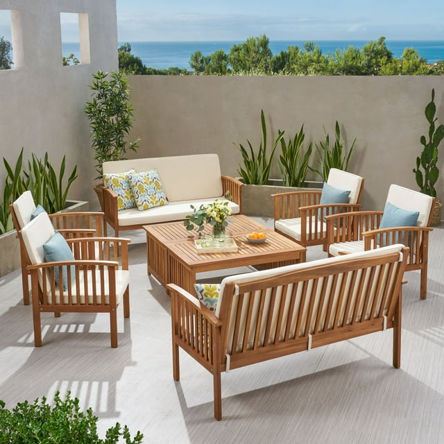 Tucson Outdoor Acacia Wood 8 Seater Sectional Sofa Chat Set with Cushions