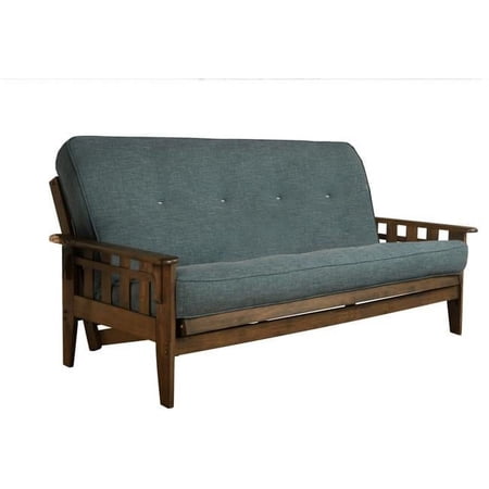 Tucson Rustic Walnut Futon Frame with Linen Aqua Mattress - Full Size