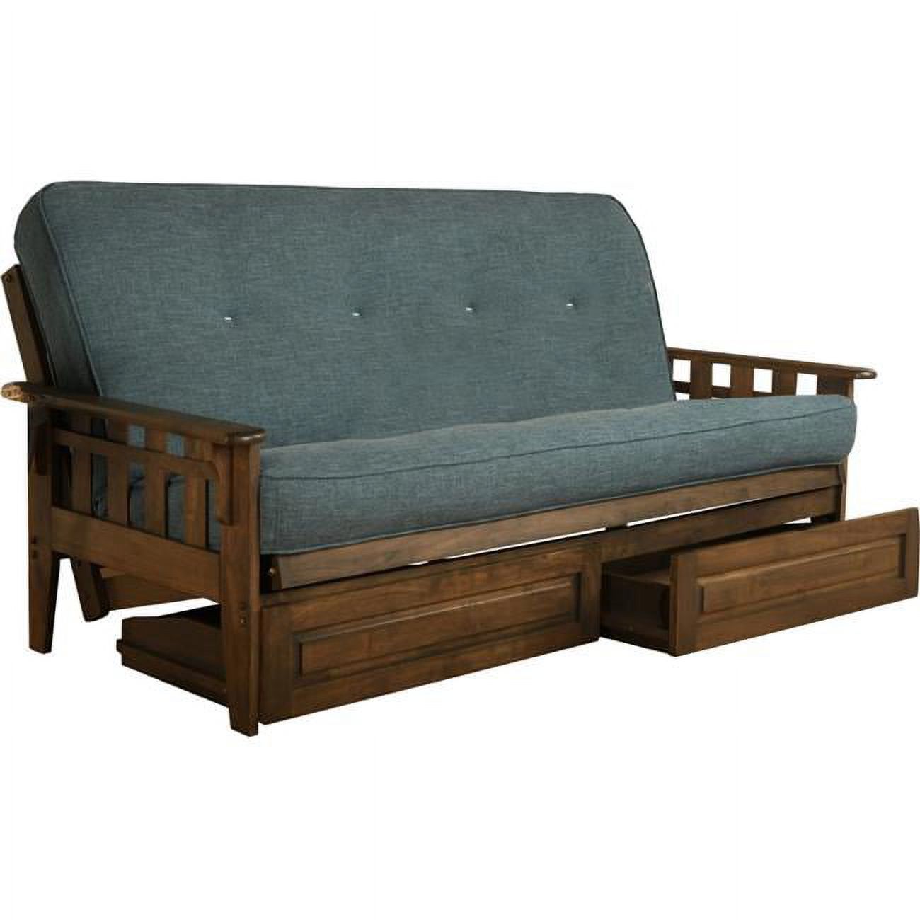 Tucson Rustic Walnut Futon Frame with Linen Aqua Mattress & Storage