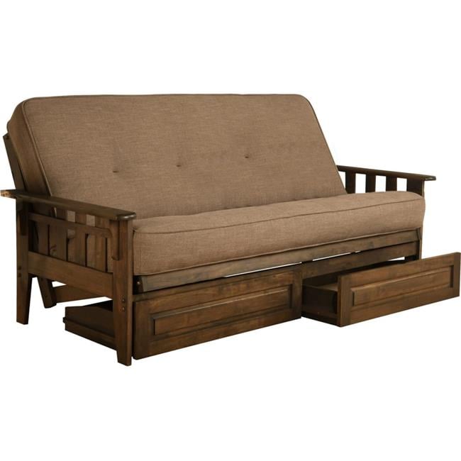 Tucson Rustic Walnut Futon Frame with Linen Stone Mattress & Storage ...