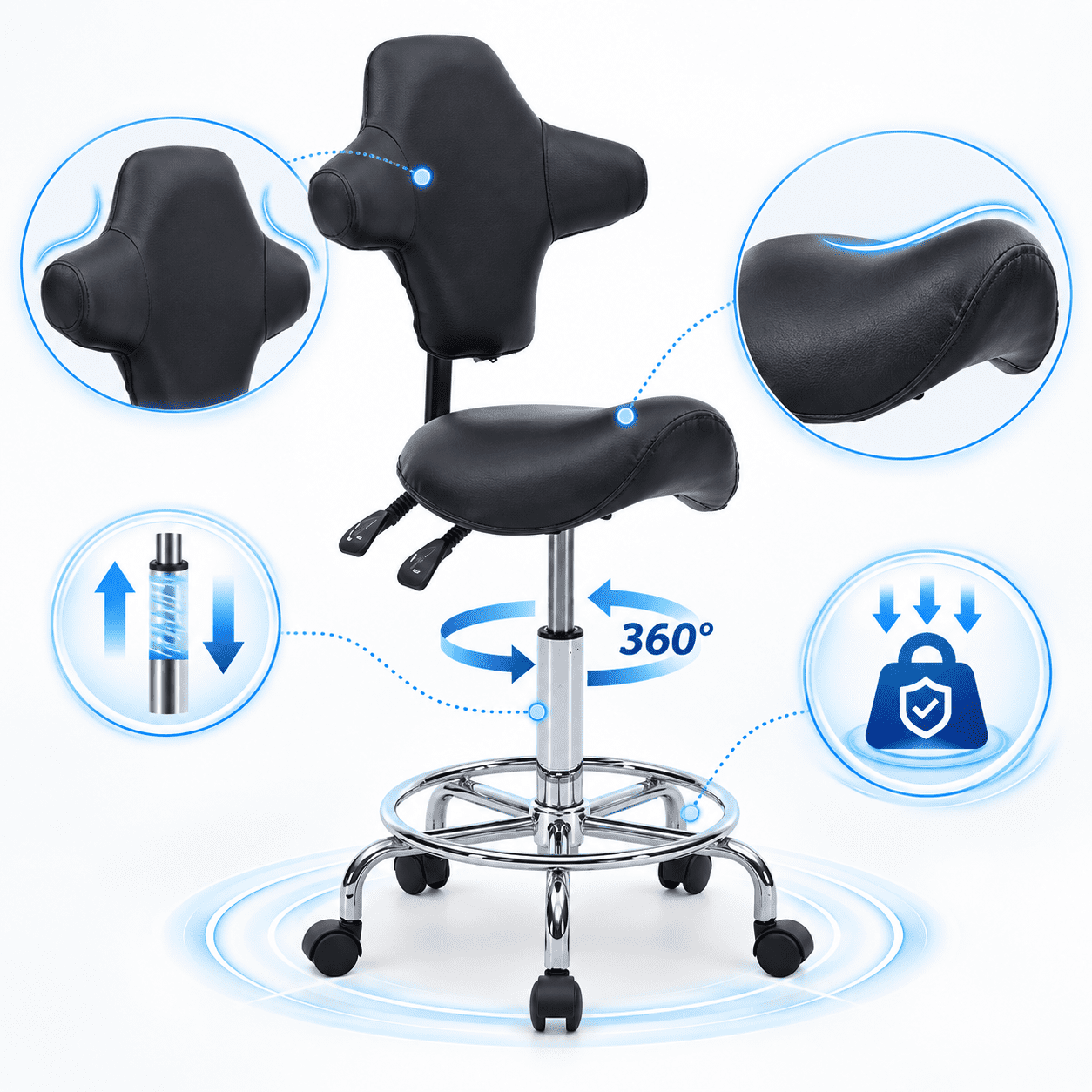 TudoFish Ergonomic Saddle Stool with Backrest and Wheels, Height ...