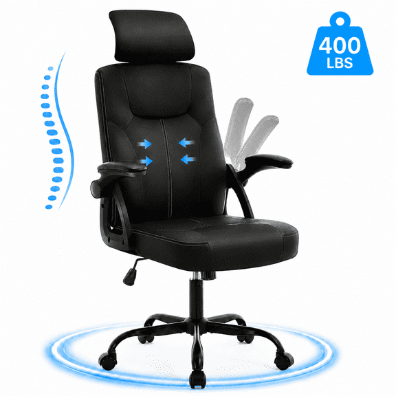 TudoFish High Back Executive Office Chair with Flip-Up Arms, Padded Headrest, Adjustable Height and Swivel Base, Black