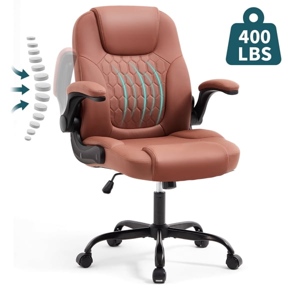 TudoFish Leather Office Chair, Big and Tall 400LBS Ergonomic Desk Chair with Adjustable Lumbar Pillow High Back Flip-up Arms Height Adjustable Tilt Swivel for Home Office, Brown